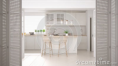 White folding door opening on modern scandinavian kitchen with island, stools and pendant lamps, cabinets and accessories, white Stock Photo