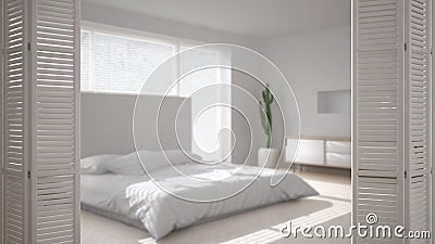 White folding door opening on modern scandinavian minimalist bedroom, white interior design, architect designer concept, blur back Stock Photo