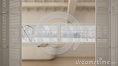 White folding door opening on scandinavian bathroom, attic with bathtub, white interior design, architect designer concept, blur Stock Photo
