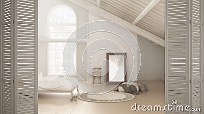 White folding door opening on scandinavian bedroom, attic with wooden beams, white interior design, architect designer concept, bl Stock Photo