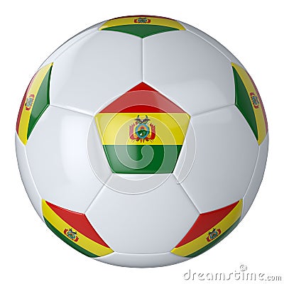 White football ball with flag of Bolivia on a white background. Isolated. Leather soccer ball. Classic white ball with patches. Cartoon Illustration