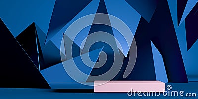 White Foursquare Showcase with Empty Space On Pedestal on Blue Background Near Triangular Abstract Figures. 3d rendering Stock Photo