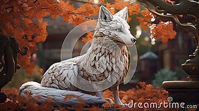 White fox in autumn color kimono, wooden art, subsurface scattering, AI Generative Stock Photo