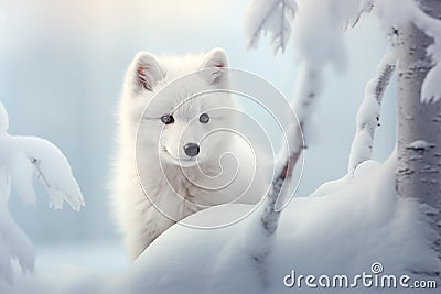 A white fox in a snowy forest exudes serene beauty. AI Generated Stock Photo