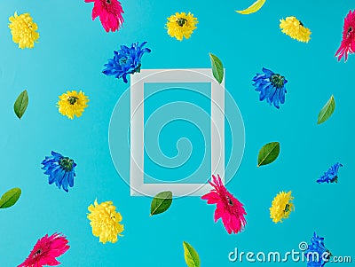 White frame with colorful flowers flying on a blue background. Positive news, thinking and energy concept. Optimistic future, mood Cartoon Illustration