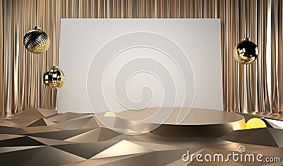 White frame on gold curtain. Plinth on the floor, golden floor, triangular abstract shape. Decorated with Christmas balls. 3D rend Stock Photo