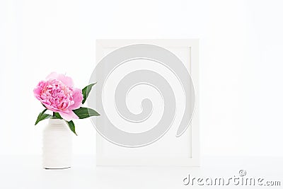 White frame mockup 8x10 with pink peony Cartoon Illustration