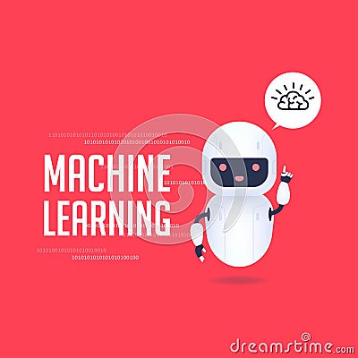 White friendly android robot with brain icon in speech bubble. AI Machine learning concept. Vector Illustration