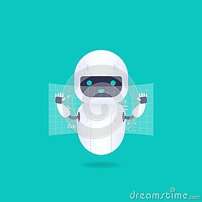 White friendly android robot with HUD interface screen. Cute and smile AI robot. Vector Illustration