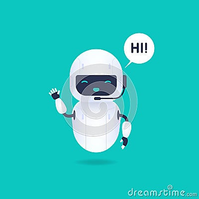 White friendly android robot say hi. Cute and smile AI robot. Vector Illustration