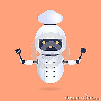 White friendly chef robot with turner and wok spatula. Cooking Robot Artificial Intelligence concept Vector Illustration