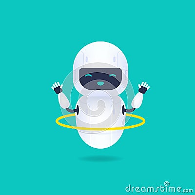 White friendly robot character. Cute and smile AI robot twirling a hoop. Vector Illustration