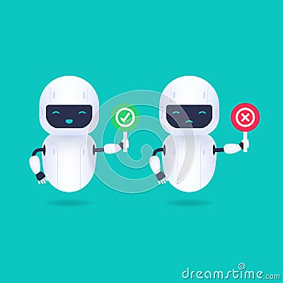 White friendly robot character with Yes and No signs. Vector Illustration