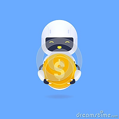 White friendly robot holding a gold coin. Vector Illustration