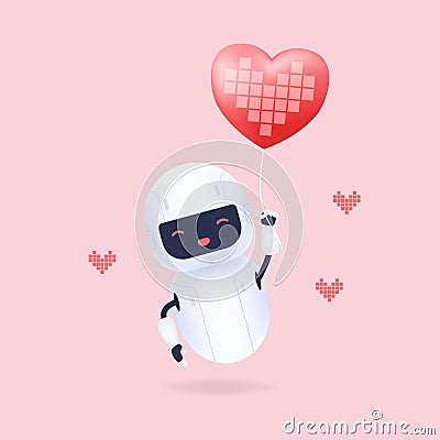 White friendly robot holding heart shape balloon. Vector Illustration