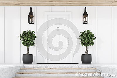 White front door of white house with trees, stairs Stock Photo