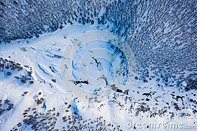 White frozen forest and river in winter. Aerial view of nature in Ural, Russia Stock Photo