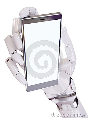 White Futuristic Android Hand Holding Smartphone Closeup Concept 3d Illustration Stock Photo