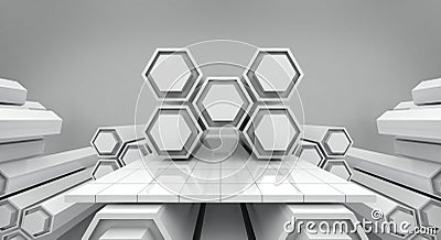 White futuristic hexagon and empty stage background, 3d rendering Stock Photo