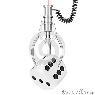 White Game Dice Cube in Chrome Robotic Claw. 3d Rendering Stock Photo