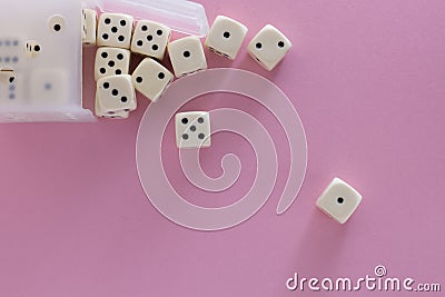 White gaming dices on violet background. victory chance and lucky. Flat lay style, place for text. Top view and Close-up cube. Stock Photo