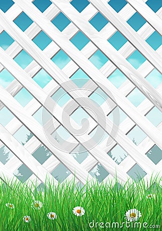 White garden fence with grass and flowers, spring background Cartoon Illustration