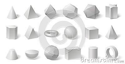 White geometric 3d shapes. Geometry form for education. Hexagonal and triangular prism, cylinder and cone Vector Illustration