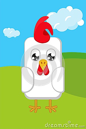 White geometric stylized rooster in cartoon colorful valley Vector Illustration