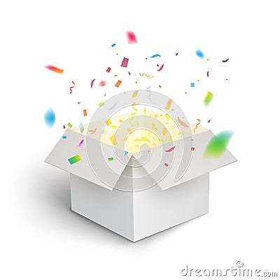 White gift box confetti explosion. Magic open surprise gift box package decoration Vector Illustration
