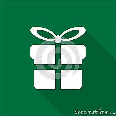 White gift box icon with long shadow on green background. Vector Illustration