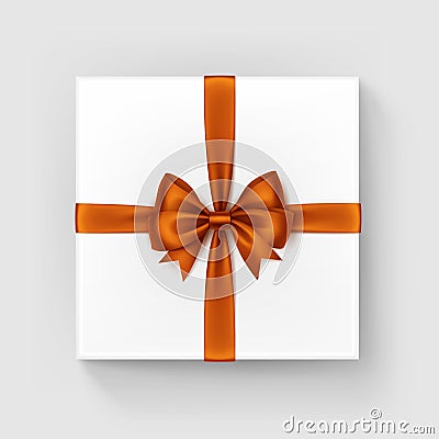 White Gift Box with Orange Satin Bow and Ribbon Vector Illustration