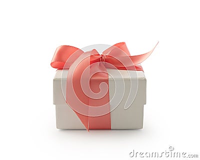 White gift box with peach color ribbon isolated on white background Stock Photo