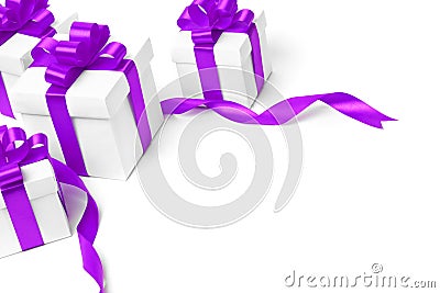 White gift box with purple ribbon bow Stock Photo