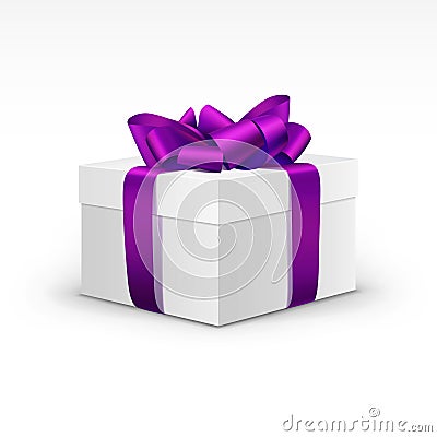 White Gift Box with Purple Violet Ribbon Isolated Vector Illustration