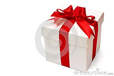 White gift box with a red ribbon and bow Stock Photo