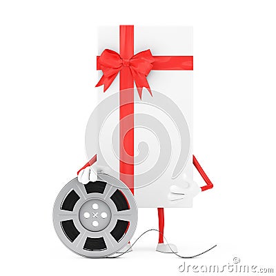 White Gift Box and Red Ribbon Character Mascot with Red Map Pointer Target Pin. 3d Rendering Stock Photo