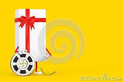 White Gift Box and Red Ribbon Character Mascot with Red Map Pointer Target Pin. 3d Rendering Stock Photo