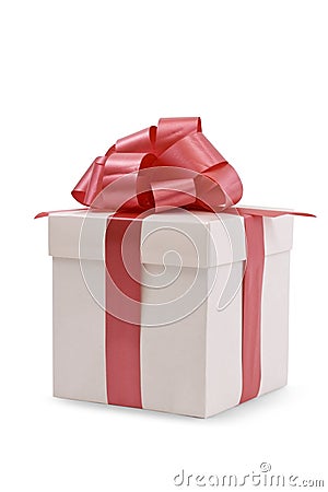 White Gift Box with Red Satin Ribbon Bow Stock Photo