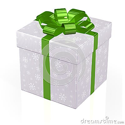 White gift box with snowflakes and green bow. Stock Photo