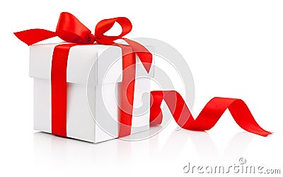 White gift box tied red ribbon bow Isolated on white background Stock Photo