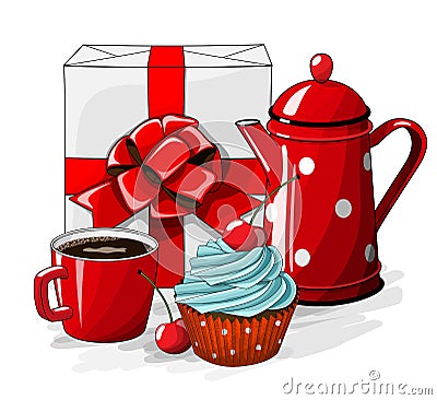 White gift boxt with red ribbon and cupcake with blue cream and cherry, cup of coffee and red tea pot on white Vector Illustration