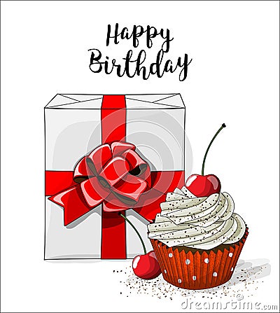 White gift boxt with red ribbon and cupcake with white cream and cherry on white background, illustration Vector Illustration