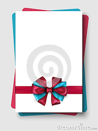 White gift card with bicolour beautiful satin bow. Vector Illustration