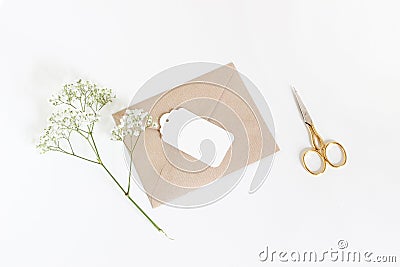 White gift tag with craft paper envelope, golden scissors and baby`s breath Gypsophila flowers isolated on white table Stock Photo