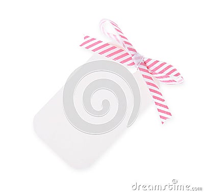 White gift tag with diagonal satin ribbon bow---with clipping pa Stock Photo