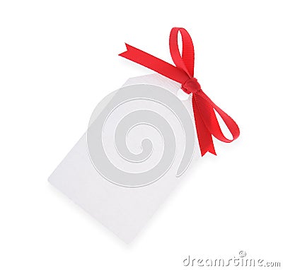 White gift tag with red bow Stock Photo