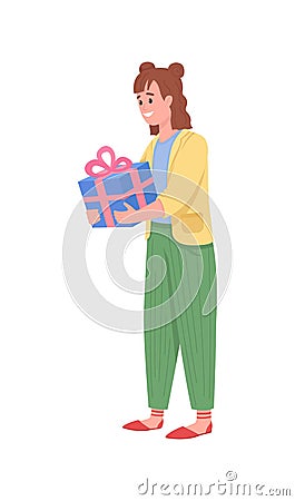 White girl with wrapped present flat color vector detailed character Vector Illustration