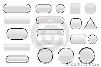 White glass buttons. Collection of 3d icons with and without chrome frame Vector Illustration