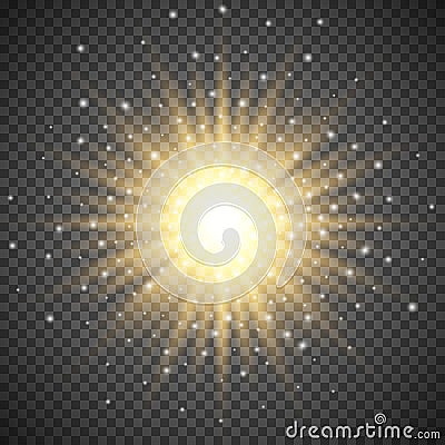 White glowing light burst explosion on transparent background. Bright flare effect decoration with ray sparkles Vector Illustration