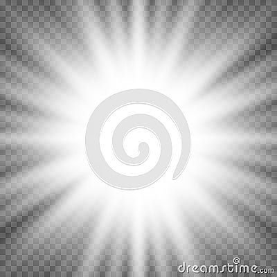 White glowing light burst explosion on transparent background. Bright flare effect decoration with ray sparkles Vector Illustration